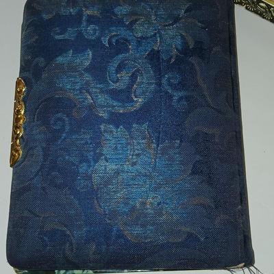 Antique Victorian Celluloid Photo Album Woman w Child e.1900's with Antique made in Japan porcelain doll and a Victorian picture frame