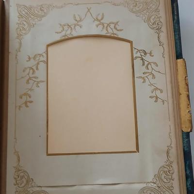 Antique Victorian Celluloid Photo Album Woman w Child e.1900's with Antique made in Japan porcelain doll and a Victorian picture frame
