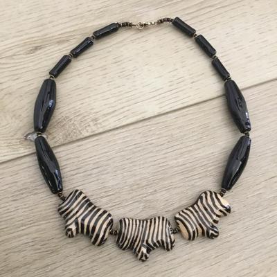 Vintage glass & ceramic zebra and beaded necklace