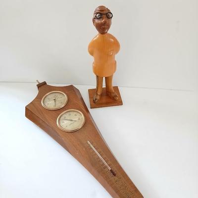 Vintage Romer Italy Doctor Figure Hand carved Wood with vintage wall weather station