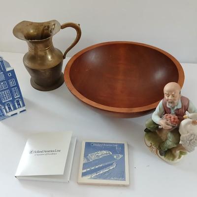Brass pitcher - wooden bowl marked MNM - Hand painted national potteries man - Delft blue handpainted house and more