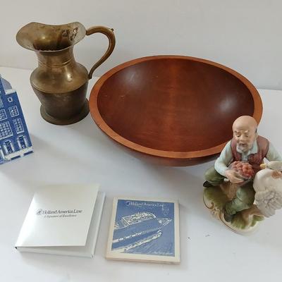 Brass pitcher - wooden bowl marked MNM - Hand painted national potteries man - Delft blue handpainted house and more