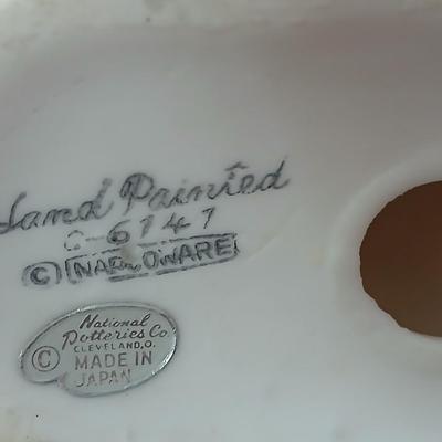 Brass pitcher - wooden bowl marked MNM - Hand painted national potteries man - Delft blue handpainted house and more