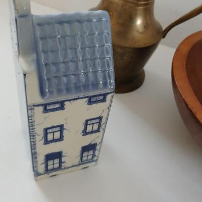 Brass pitcher - wooden bowl marked MNM - Hand painted national potteries man - Delft blue handpainted house and more