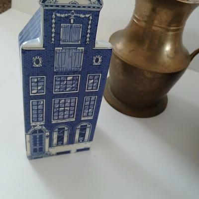 Brass pitcher - wooden bowl marked MNM - Hand painted national potteries man - Delft blue handpainted house and more