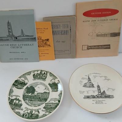 Two collectable souvenir plates Churches with old booklets to one of the plates - Wayne Zion Lutheran Chrurch