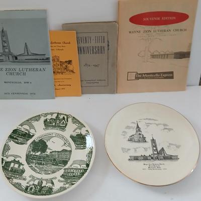 Two collectable souvenir plates Churches with old booklets to one of the plates - Wayne Zion Lutheran Chrurch