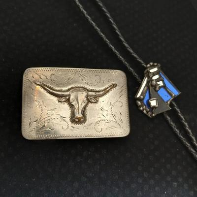 Vintage longhorn belt buckle with art deco bolo tie