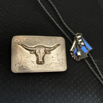 Vintage longhorn belt buckle with art deco bolo tie