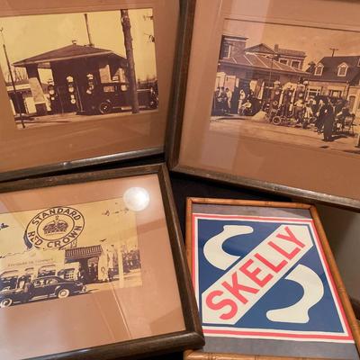 4 vintage gas station pics and Skelly logo framed