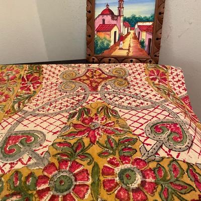 Fabric and small Mexican tile painting