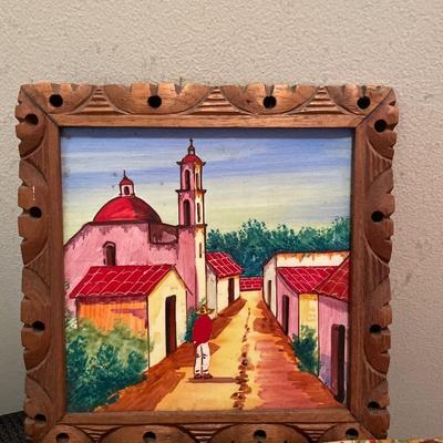 Fabric and small Mexican tile painting