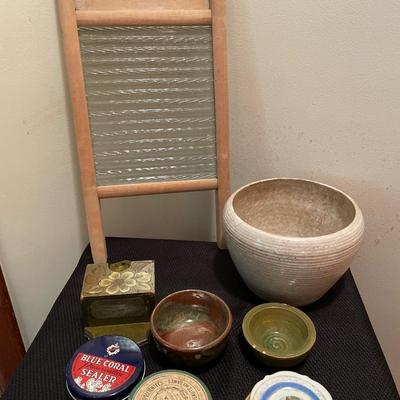 Vintage washboard, pottery and tins