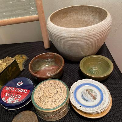 Vintage washboard, pottery and tins