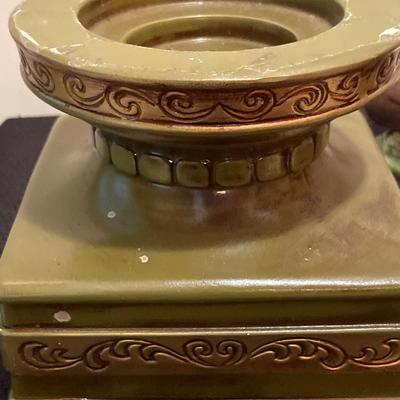 Green and gold candle holder with birds and vase