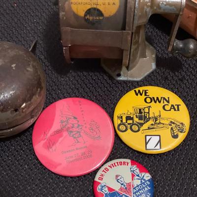 Vintage bell, anchor, pins, sharpener and paper canoe