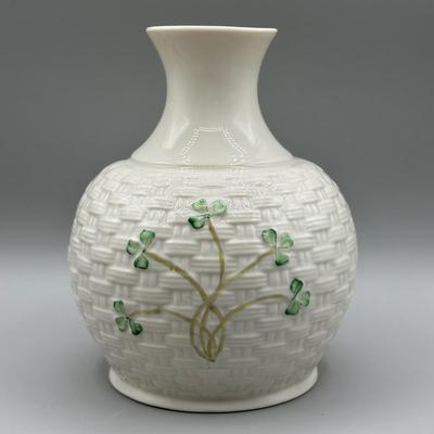 LOT 59: 7” Belleek Porcelain Shamrock Basketweave Vase