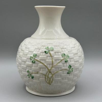 LOT 59: 7” Belleek Porcelain Shamrock Basketweave Vase