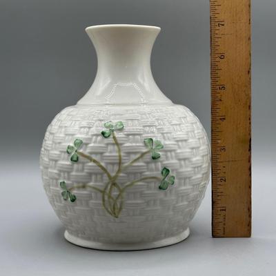 LOT 59: 7” Belleek Porcelain Shamrock Basketweave Vase