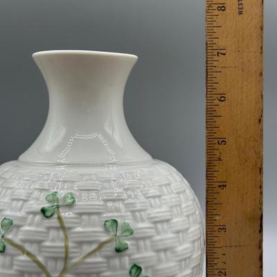 LOT 59: 7” Belleek Porcelain Shamrock Basketweave Vase