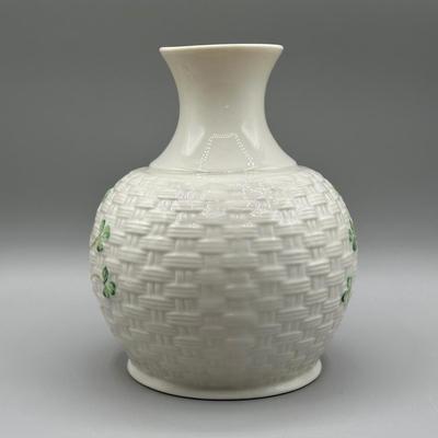 LOT 59: 7” Belleek Porcelain Shamrock Basketweave Vase