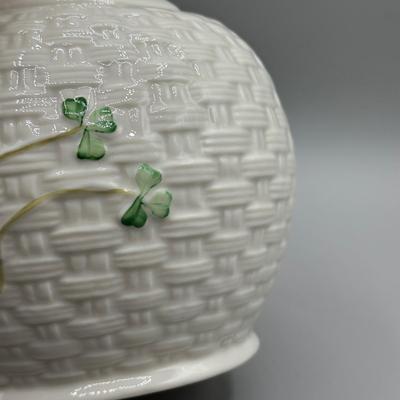LOT 59: 7” Belleek Porcelain Shamrock Basketweave Vase