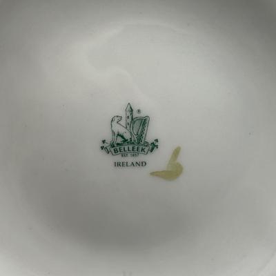 LOT 59: 7” Belleek Porcelain Shamrock Basketweave Vase