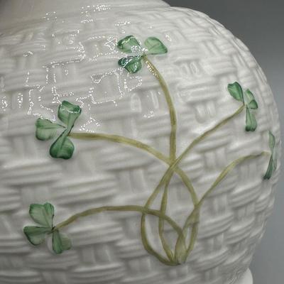LOT 59: 7” Belleek Porcelain Shamrock Basketweave Vase