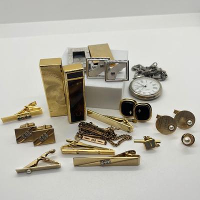 LOT 70J: Men’s Jewelry Collection - Cuff Links, Money Clips, Lighters, Tie Clips (One Gold Fill), and More