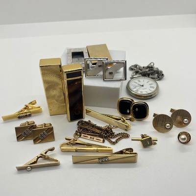 LOT 70J: Men’s Jewelry Collection - Cuff Links, Money Clips, Lighters, Tie Clips (One Gold Fill), and More