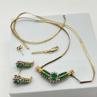 LOT 77J: Repair/Scrap - 10K Gold - Emerald and Diamond Earrings and Necklace - 6.5 gtw