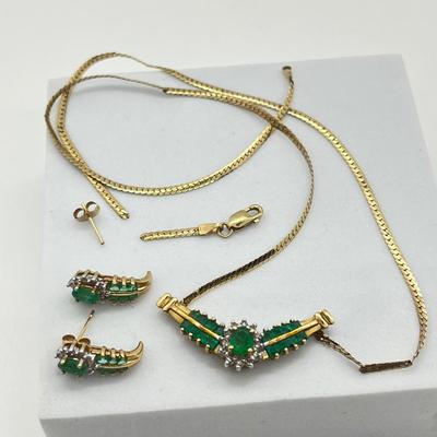 LOT 77J: Repair/Scrap - 10K Gold - Emerald and Diamond Earrings and Necklace - 6.5 gtw