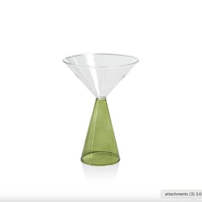 Sale Photo Thumbnail #514: $98 retail cost.

4 martini cocktail glasses in clear & green glass
Second photo show entire collection. You will only receive 4 martini cocktail glasses. Check our other listings for the other styles and bid separately.