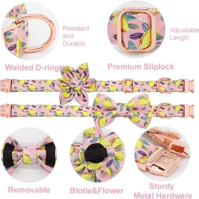 Sale Photo Thumbnail #1014: Size small - see size chart

Pink & Yellow Lemon Printed Small Dog Collar w/Matching Leash, Bowtie & Flower Rose Gold Hardware