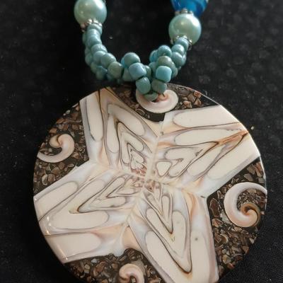 Vintage carved stone tribal totem necklace and Shell necklace