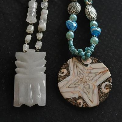 Vintage carved stone tribal totem necklace and Shell necklace