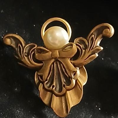 Vintage clasping box with angel pins and vintage Lutheran necklace