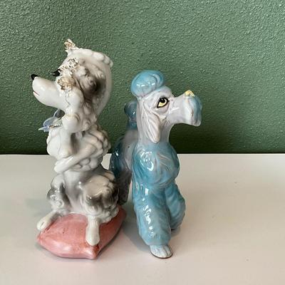 Ceramic Poodle w/eyelashes, vtg blue redware poodle