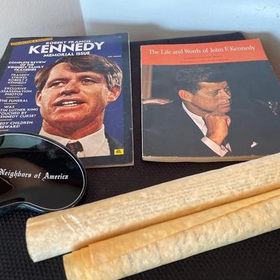Kennedy magazines, ashtray and Declaration of Independence
