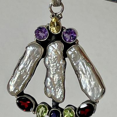 Sterling Silver Biwa Pearl and Gemstone Pendant