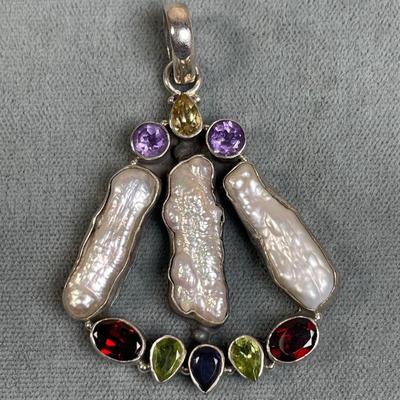Sterling Silver Biwa Pearl and Gemstone Pendant