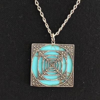 Vintage, Spain 925 silver chain necklace & faux turquoise pendant