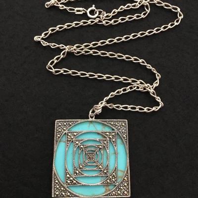 Vintage, Spain 925 silver chain necklace & faux turquoise pendant