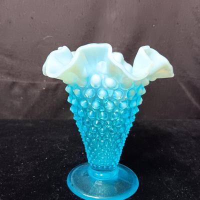 FENTON HOBNAIL AQUA BLUE RUFFLED OPALESCENT VASE