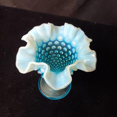 FENTON HOBNAIL AQUA BLUE RUFFLED OPALESCENT VASE