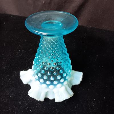 FENTON HOBNAIL AQUA BLUE RUFFLED OPALESCENT VASE