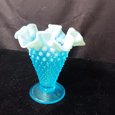 FENTON HOBNAIL AQUA BLUE RUFFLED OPALESCENT VASE