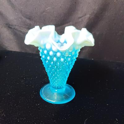 FENTON HOBNAIL AQUA BLUE RUFFLED OPALESCENT VASE