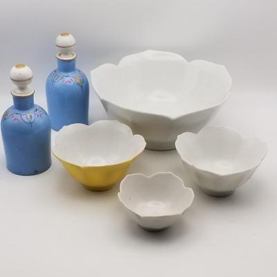Lot of Vintage Lotus Flower shaped Bowls (3 Unmarked, 1 Marked Japan; Yellow White), 2 Blue & White Floral And Gold Handpainted...