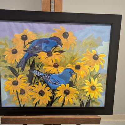 23" x 19" Framed Indigo Buntings Art Painting